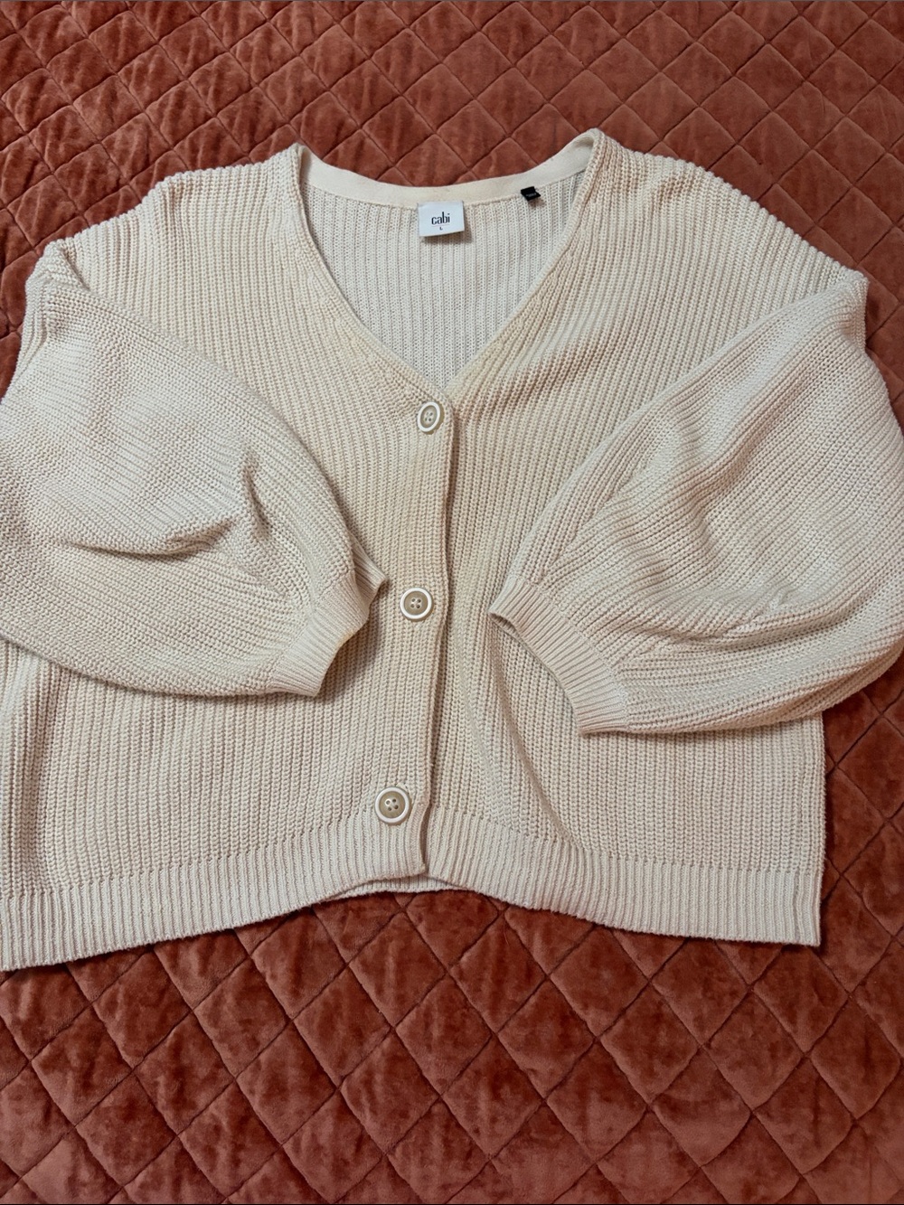 CAbi Cream V-Neck Cropped Button Cardigan
